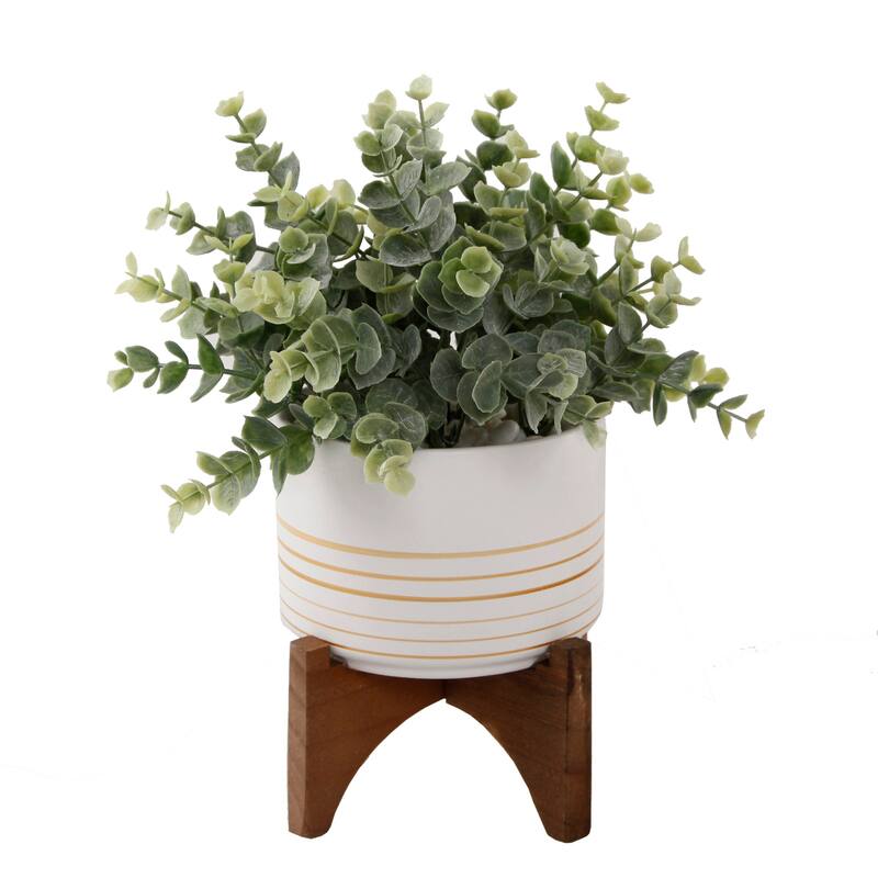Artificial Plant Eucalyptus in 4.75" Ceramic Pot on Wood Stand - ONE-SIZE - White