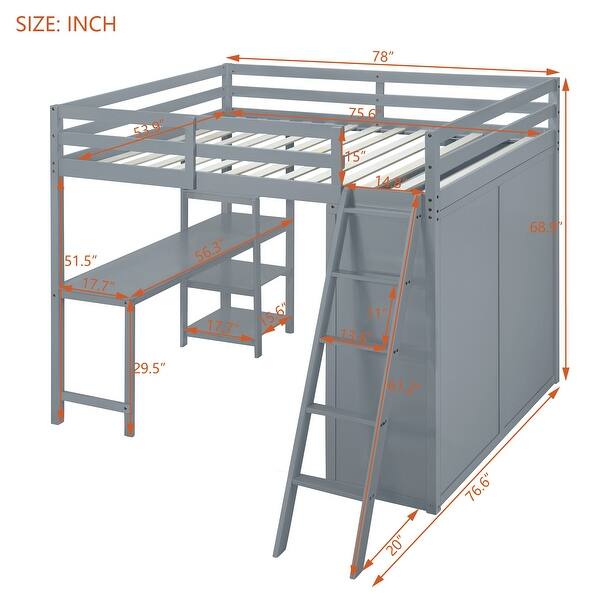 Full Size Storage Loft Bed with Wardrobe, Wooden Bed with Desk, Kid's Bed with Ladder and Guardrail for Bedroom, Gray