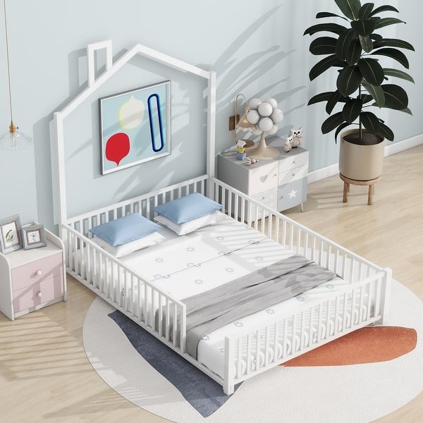 slide 2 of 10, Full Size Metal House Platform Bed with Guardrail and Chimney White