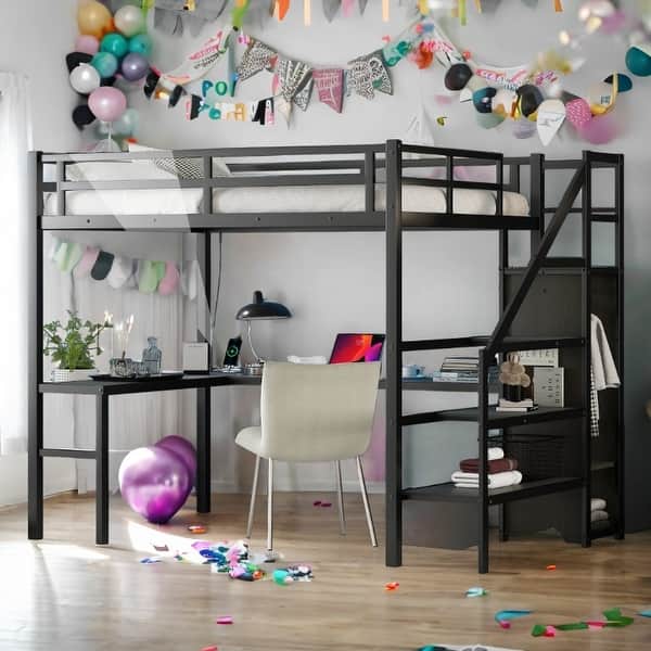 slide 2 of 4, Full Size Loft Bed with L-Shaped Desk, USB Charging Station, Wardrobe with Adjustable Shelf, and LED Light