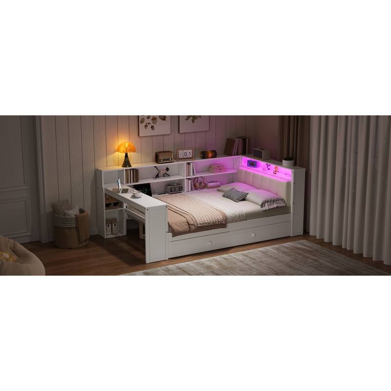 Roomfitters Twin/Full Platform Bed with Trundle, LED Headboard, Charging Station and Storage