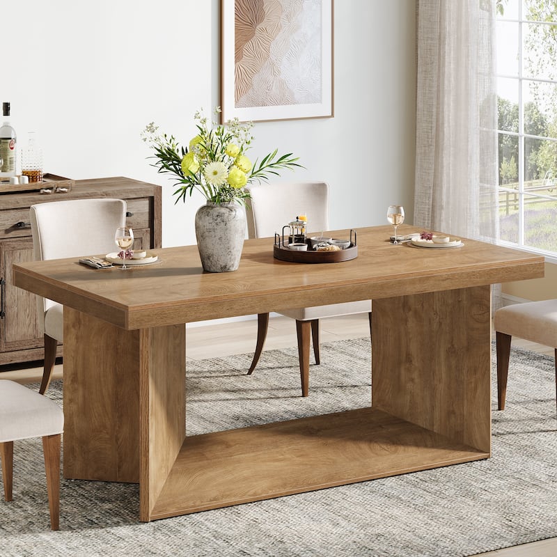 63" Dining Table for 4-6, Farmhouse Dinner Table with Heavy Duty Pedestal - Brown