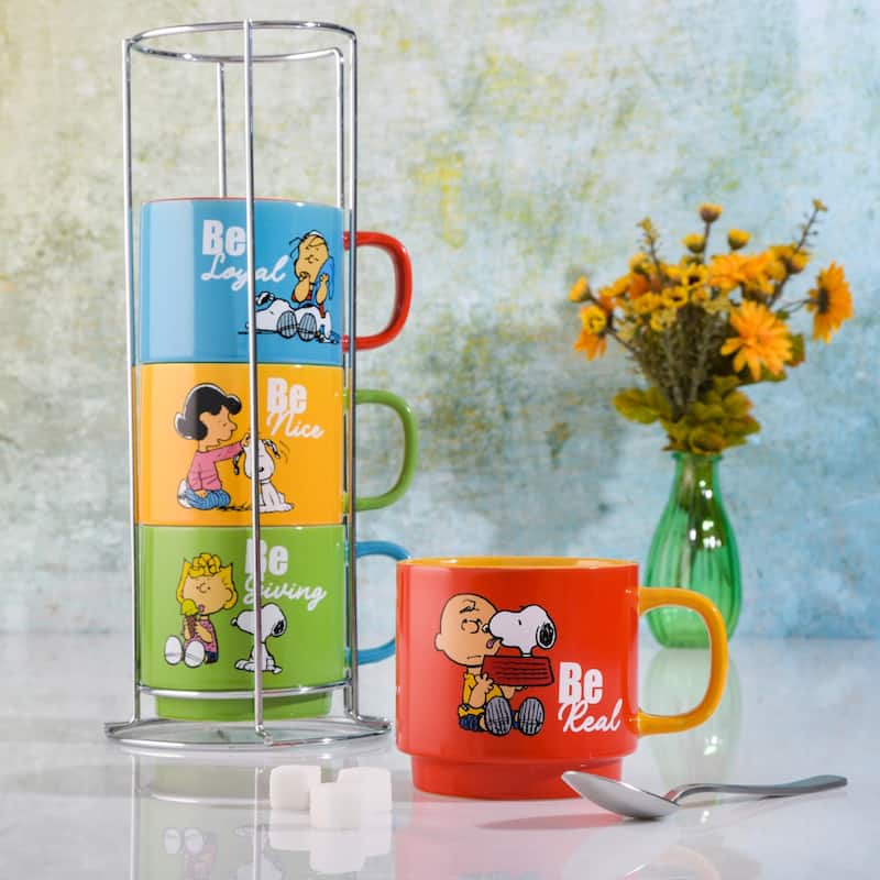 Peanuts 4 Pack 15 OZ Stackable Mugs with a Rack