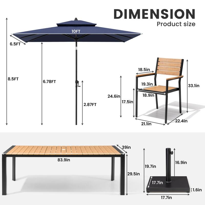 9/11-Piece Outdoor Patio Dining Set Aluminum Dining Table and Stackable Chairs w/10 ft Market Umbrella and Base
