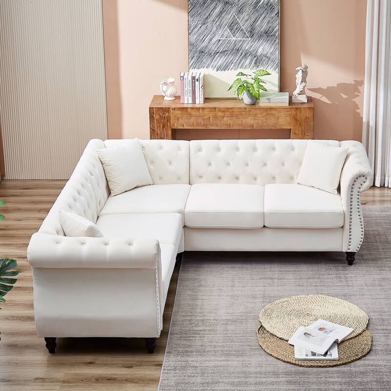 L-shape Corner Sectional Sofa with Button Tufted Back and 3 Pillows
