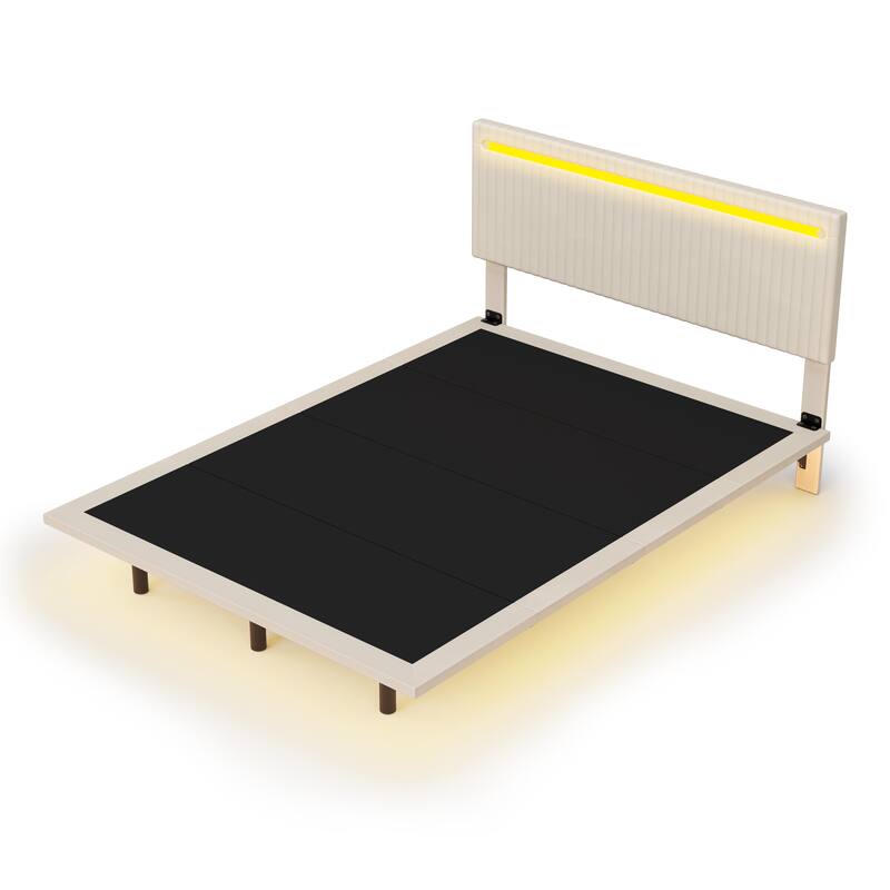Modern Upholstered Floating Bed Frame with LED Lights, Vertical Channel Design Velvet Fabric Bed, Full Size, Beige
