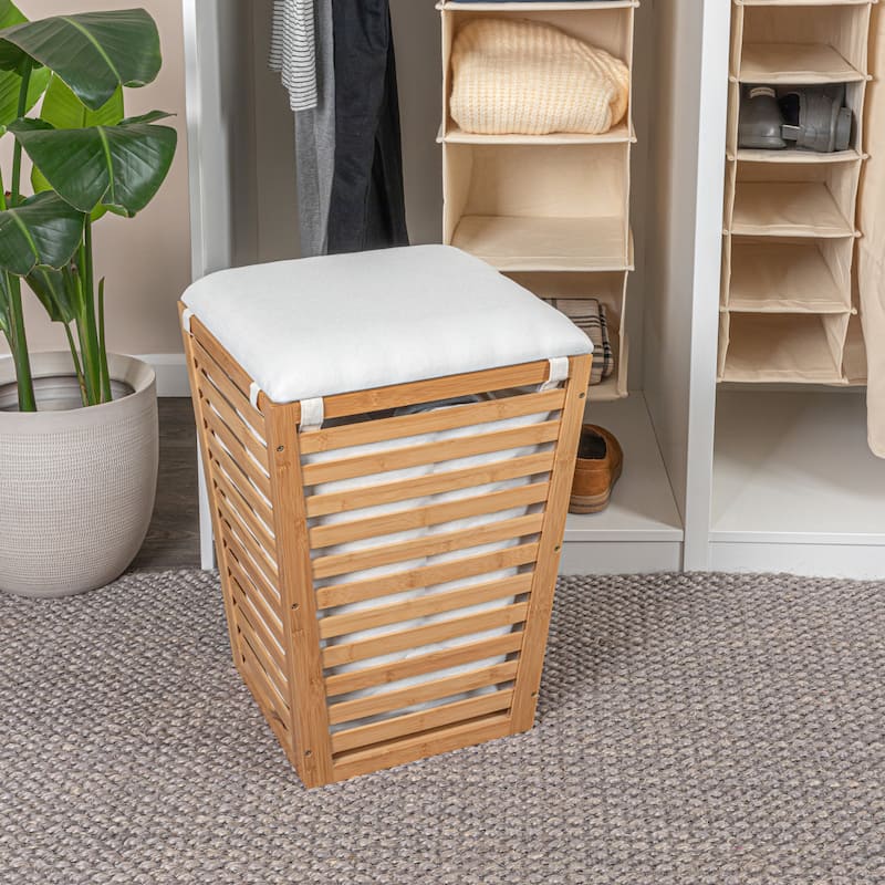 Household Essentials Slatted Bamboo Hamper with Cushioned Lid and Removable Bag - 16.1"L x 16.1"W x 22.3"H - Tan