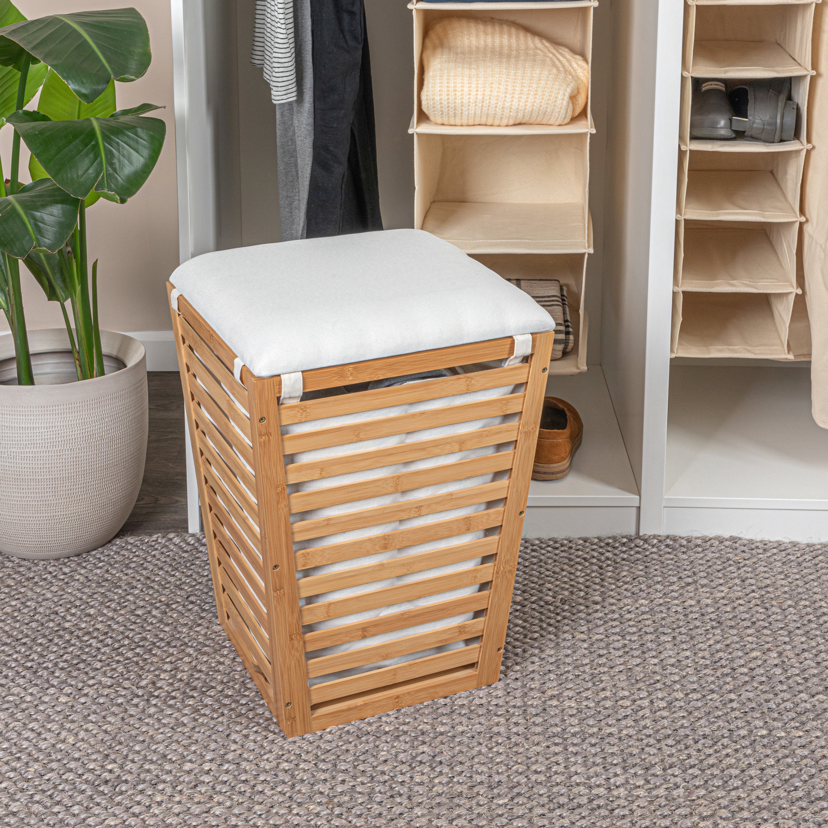 Household Essentials Slatted Bamboo Hamper with Cushioned Lid and Removable Bag - 16.1"L x 16.1"W x 22.3"H