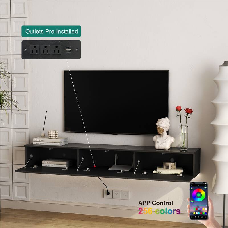 Modern Floating Wall-Mounted TV Cabinet, for 55/60/65 Inch TVs, with 16-Color LED Lighting, for Living Rooms, Black