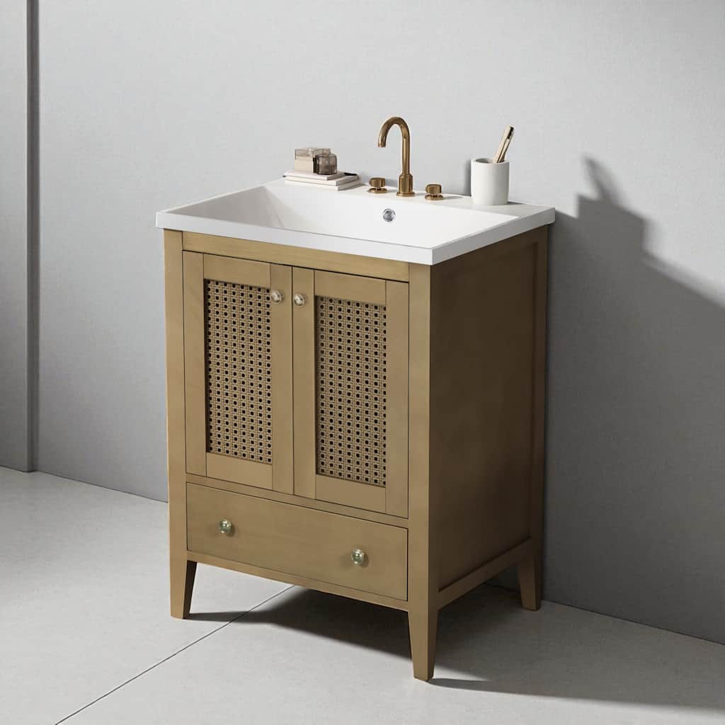 24" Bathroom Vanity with Ceramic Sink, Rattan Double Door Cabinet and Drawer, Freestanding Solid Wood Frame