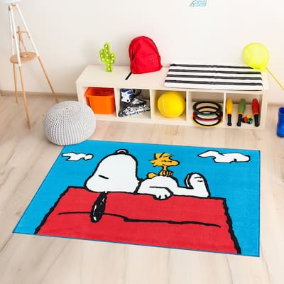 Licensed Peanuts Snoopy and Woodstock Sleepy Day Easy Care Non-Slip Soft Polyester Kids Area Rug 3x5 - 3' 4" x 4' 6"