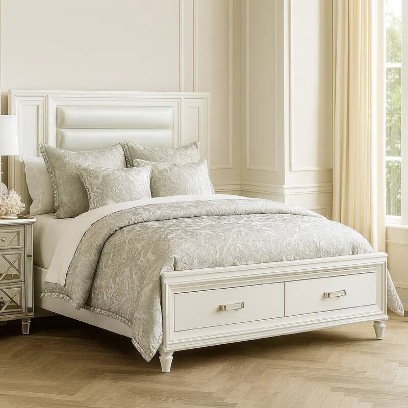 Delcy Queen Platform Bed, LED Headboard, 2 Drawer Footboard, Mirror, White