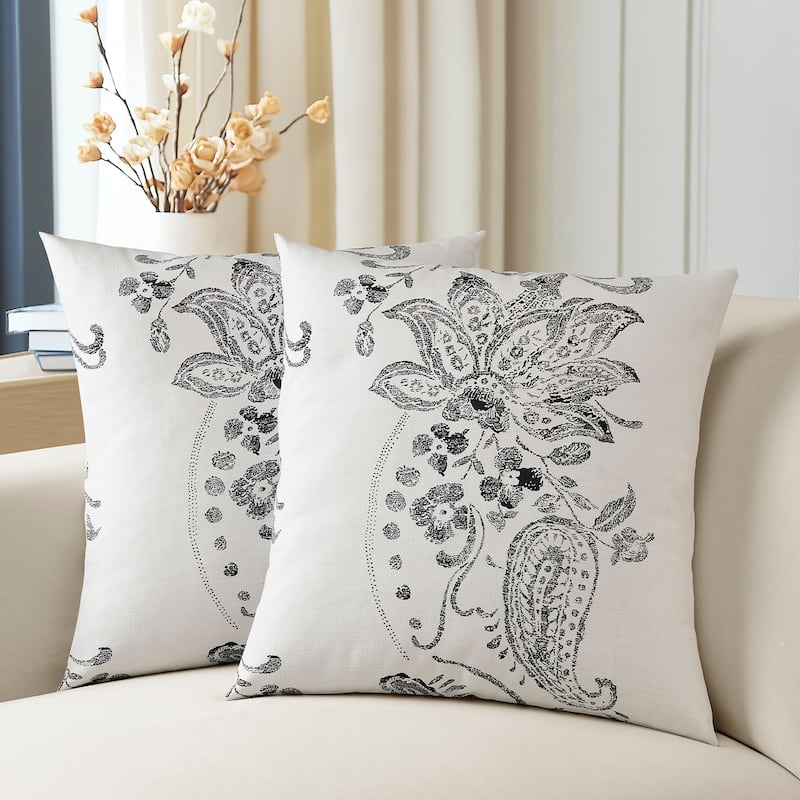 Exclusive Fabrics Printed Cotton Throw Pillow Covers 18 X 18 - Textured Decorative Pillow Covers (Set of 2) - Lotus Black - 18 X 18