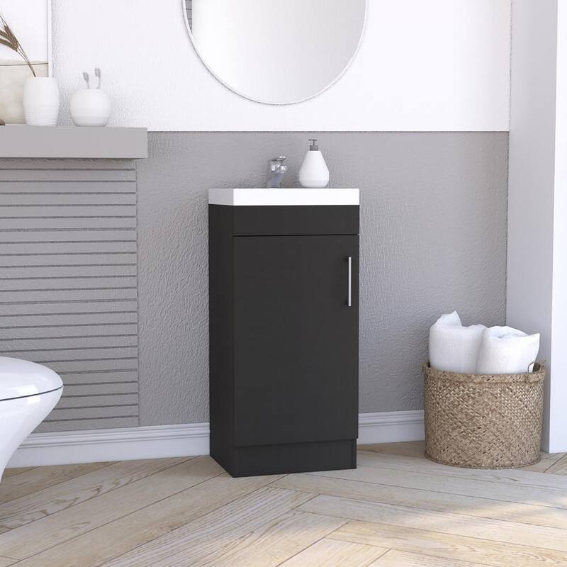 Compact Bathroom Vanity Cabinet with Metal Handle, One-Door Storage, Internal Shelf - Faucet Not Included - Black