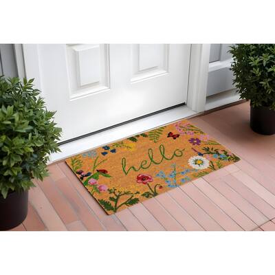 HomeRoots 17" X 29" Natural and Green Coir Floral Hello Outdoor Door Mat - 17.00' X '29.00