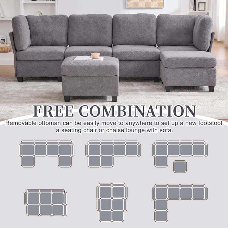 HOMEFUN 6-Seat Polyester Upholstered U-Shaped Modular Storage Sleeper Sectional Sofa with Storage Ottoman
