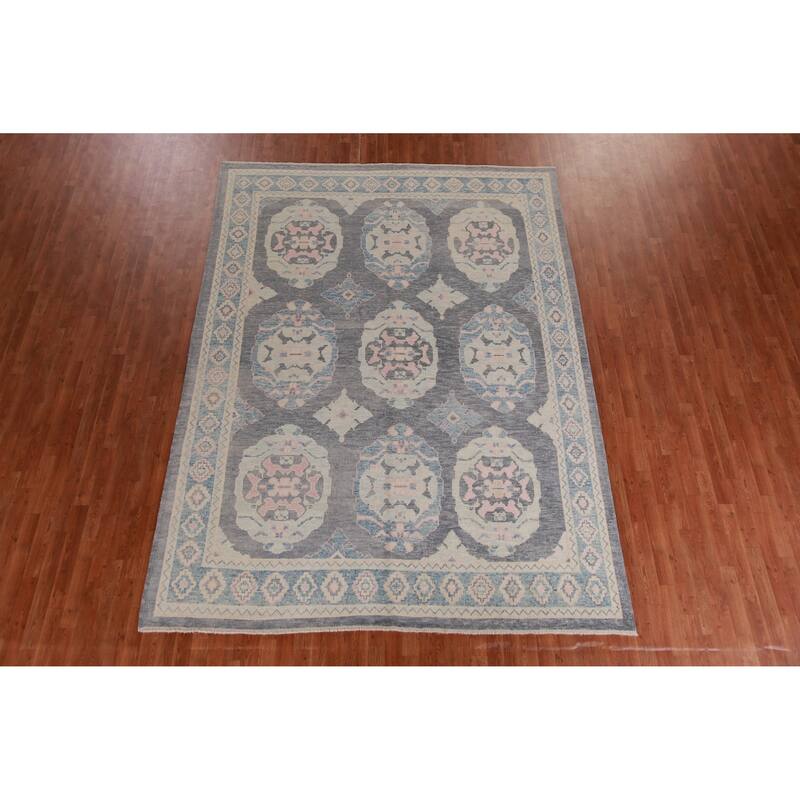Hand Knotted Oriental 100% Wool Carpet Transitional Geometric Greys & Charcoal Oushak Area Rug - 11' 1'' X 8' 2''