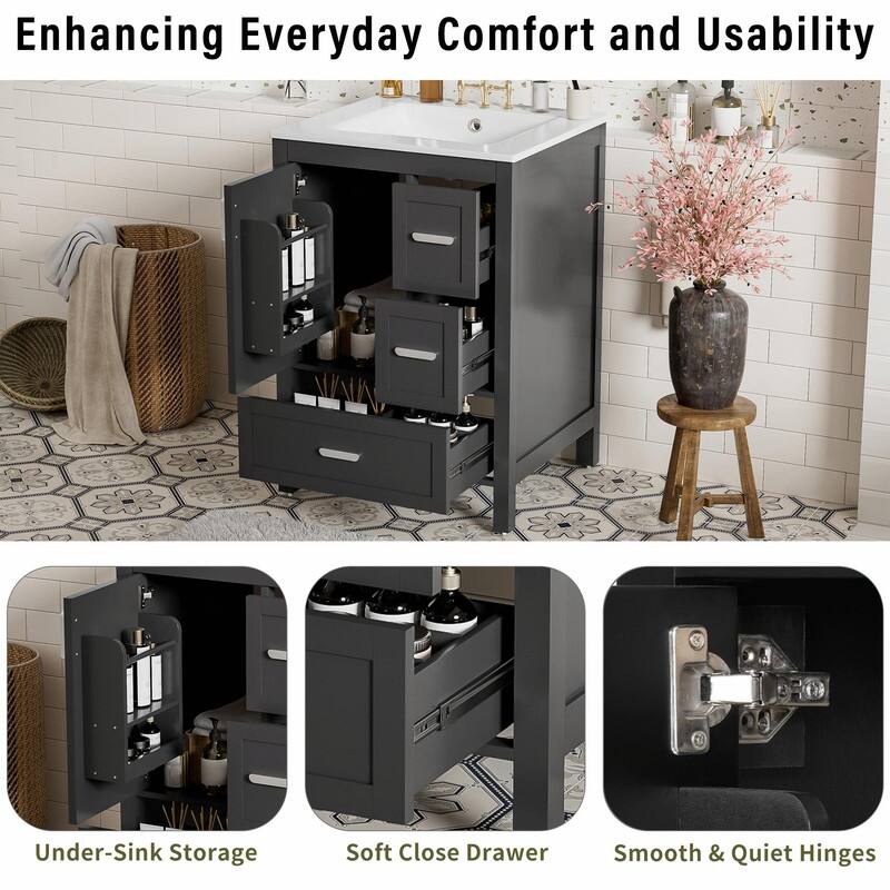 24" Modern Bathroom Vanity with Ceramic Sink, Soft-Close Door, Double-Layer Door Shelf & 3 Drawers