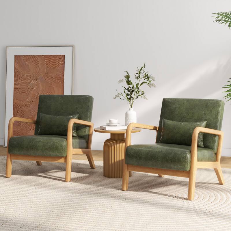 Briston 2 Set Mid Century Modern Wood Accent Chairs with pillow - PU Leather - Hunter Green(PU)-2Pack
