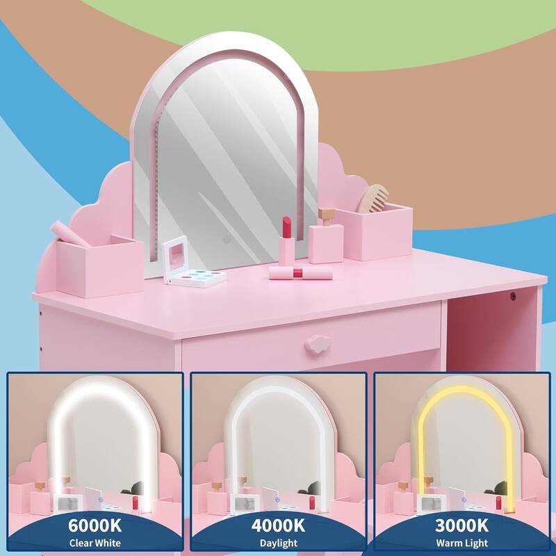 Kids Vanity Set with Lighted Mirror and Stool, Storage Drawer and Shelves for Girls Ages 3–9
