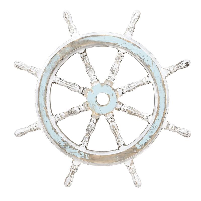 Wood Sail Boat Distressed Ship Wheel Wall Decor with White Accents - Blue - Roche River Decor