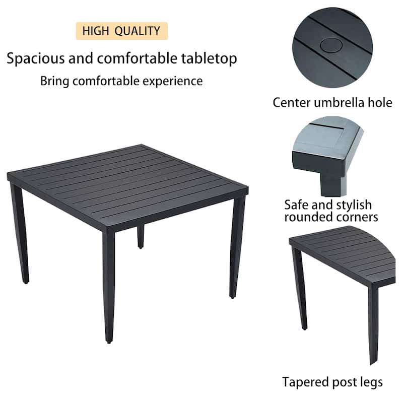 Outdoor Patio Aluminum 40"x40" Square Dining Table with Tapered Feet & Umbrella Hole, Ember Black