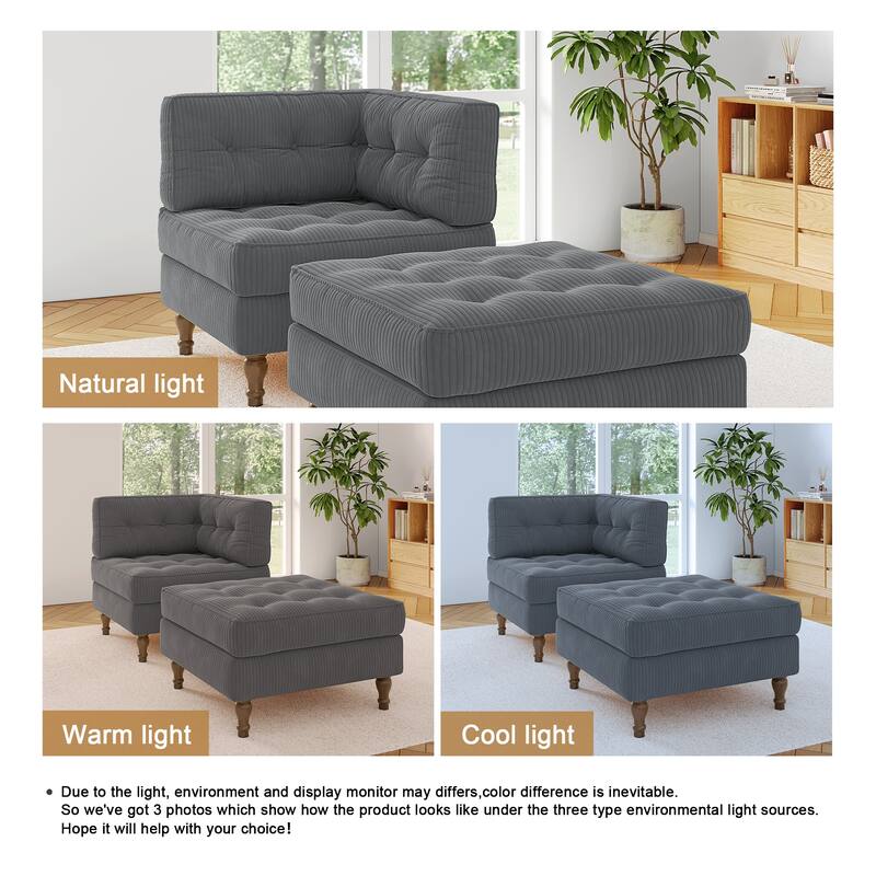 Corduroy L-shape Modular Corner Sectional Sofa with Reversible Storage Ottoman