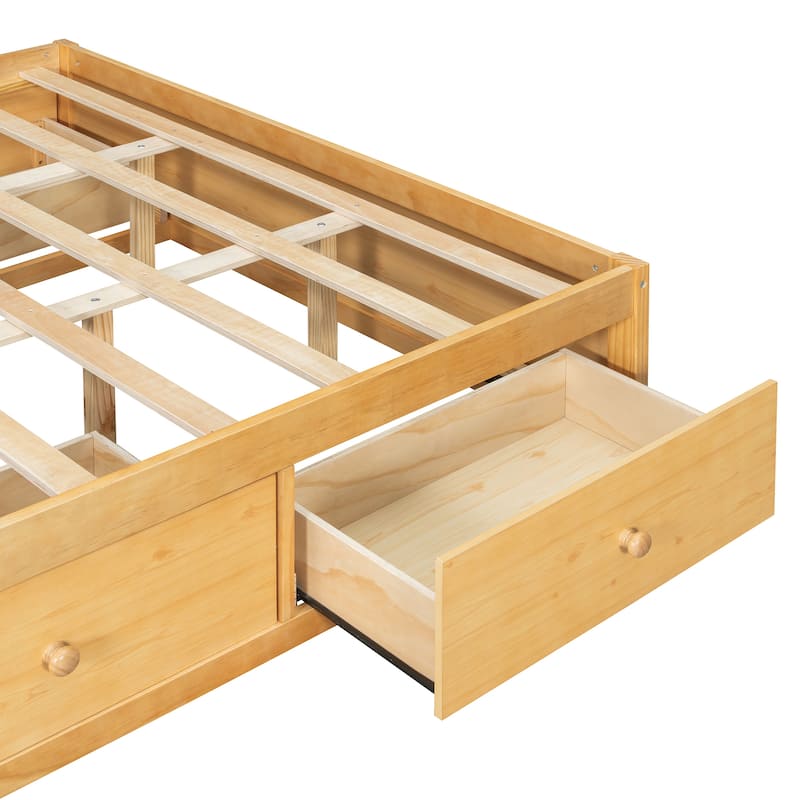 Queen Size Platform Bed Frame with 4 Storage Drawers & Footboard Cubby, No Headboard Design