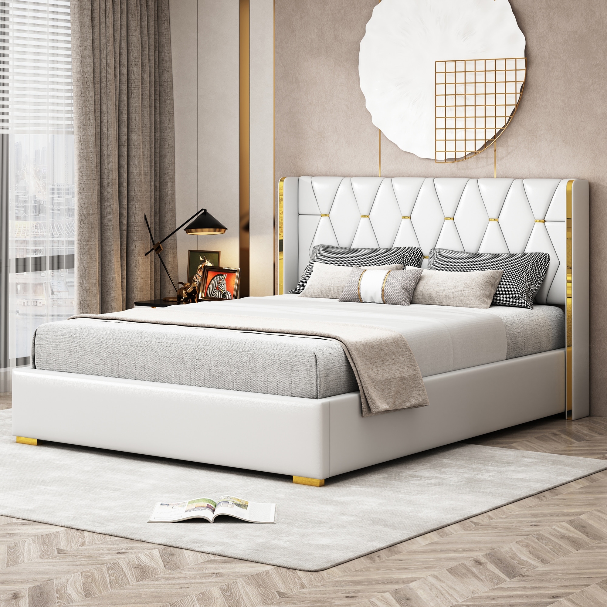 Beautiful Queen Size Upholstered Platform Bed with Metal Strips Headboard Sturdy Wood Frame for Bedroom