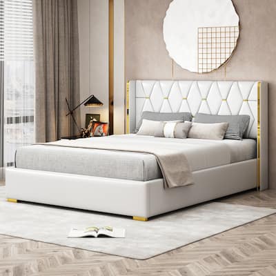 Modern PU Upholstered Platform Bed with Metal Strips