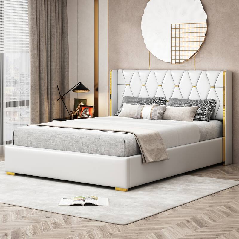 Modern Upholstered Platform Bed with Metal Strips