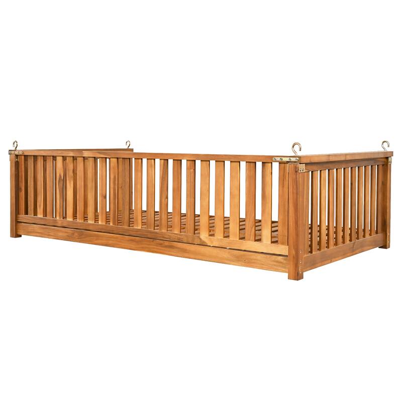 Acacia Wood Twin-Size Porch Swings Bed with 350lb Capacity, Includes Hemp Ropes and Sloped Safety Design