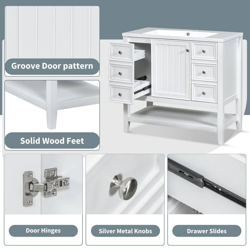 36 Inch Freestanding Bathroom Vanity Set with Drawers and Ceramic Sink