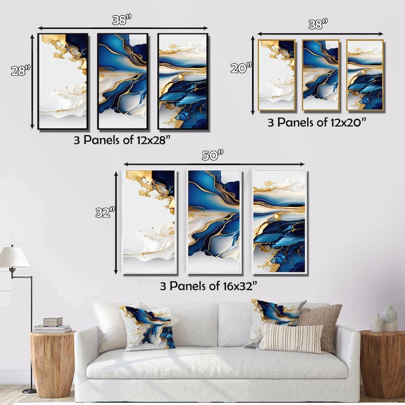 Designart "Abstract Geode Gold And Blue Marble Shape III" Modern Geometric Framed Canvas Art Print - 3 Panels