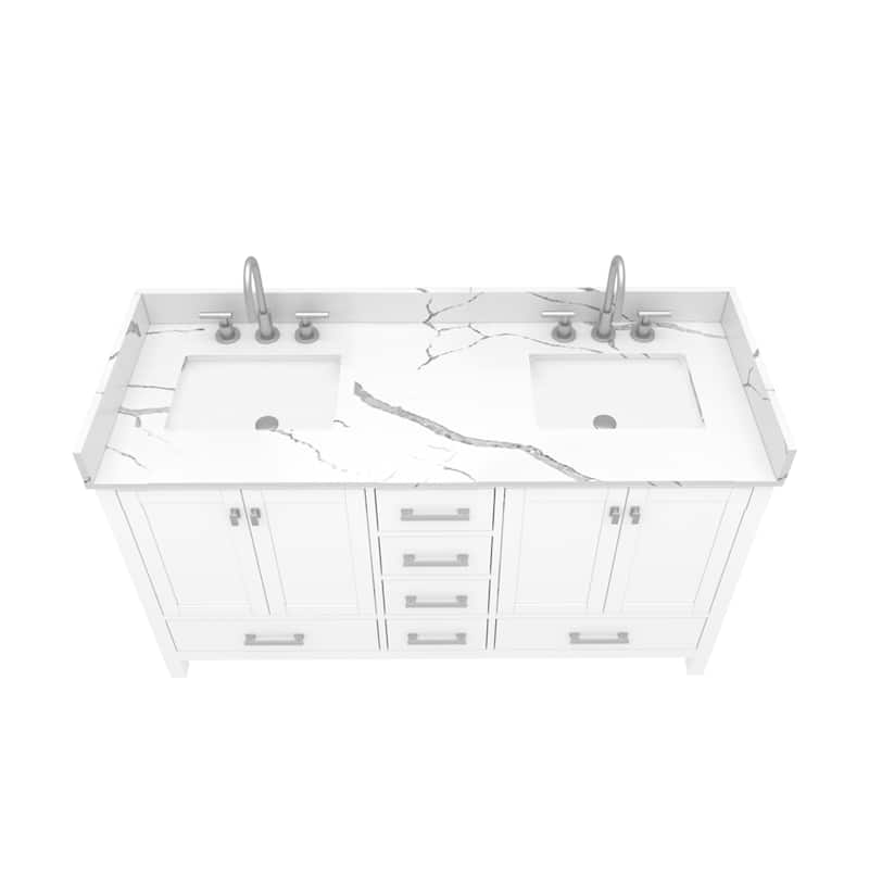 Nephelily 60 inch Transitional White Bathroom Vanity, Double Sinks - Quartz Top Calacatta River