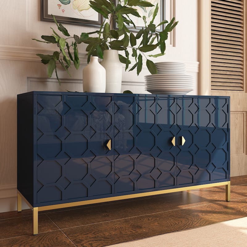Clihome 3 Door Glossy Media Storage Sideboard Accent Cabinet - Blue
