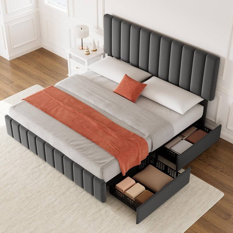 Bed Frame with 4 Storage Drawers and Adjustable Headboard