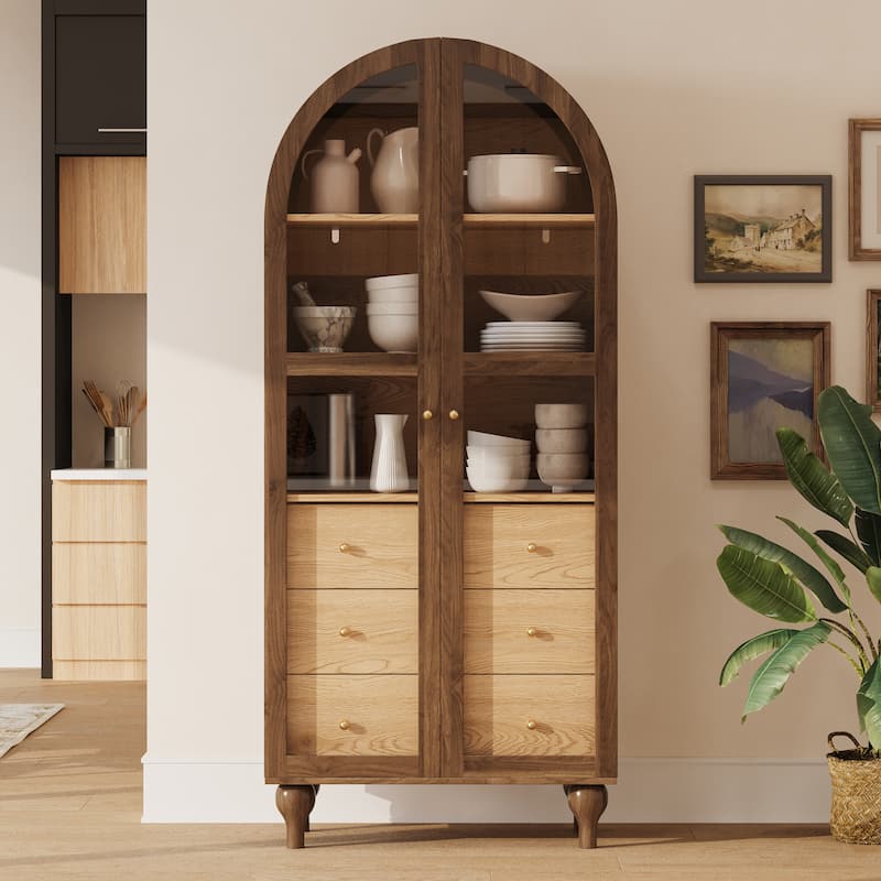 Christopher Knight Home - Farmhouse Arched Wood Kitchen Pantry Cabinet with Glass Doors & Hidden Drawers - Walnut