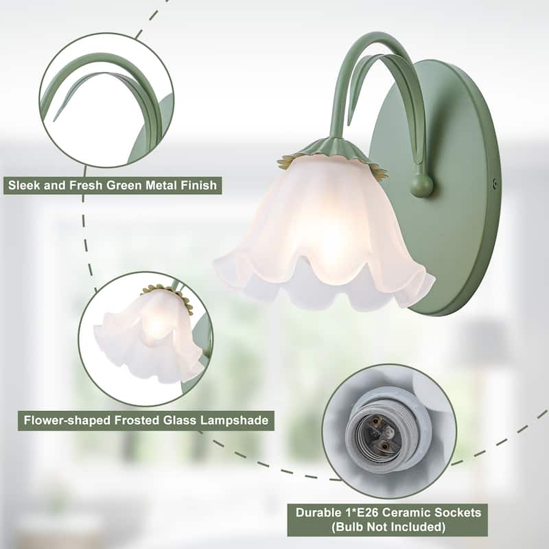 Green Metal Flower Frosted Glass Wall Sconce for Bathroom Vanity