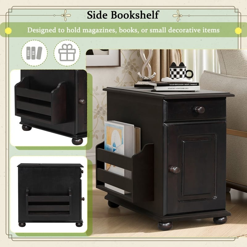 Retro Flip-Top End Table – USB Ports, Cup Holder Drawer & Bookshelf, Ideal for Small Spaces.