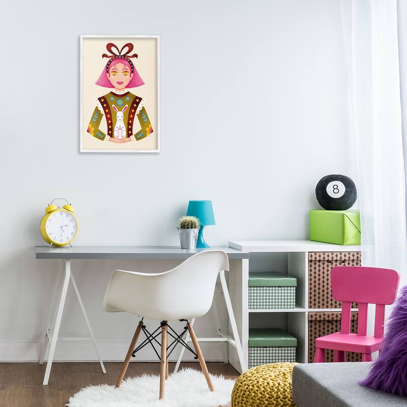 Stupell Pink Haired Girl & Bunny Framed Giclee Art Design By Hannah Moren