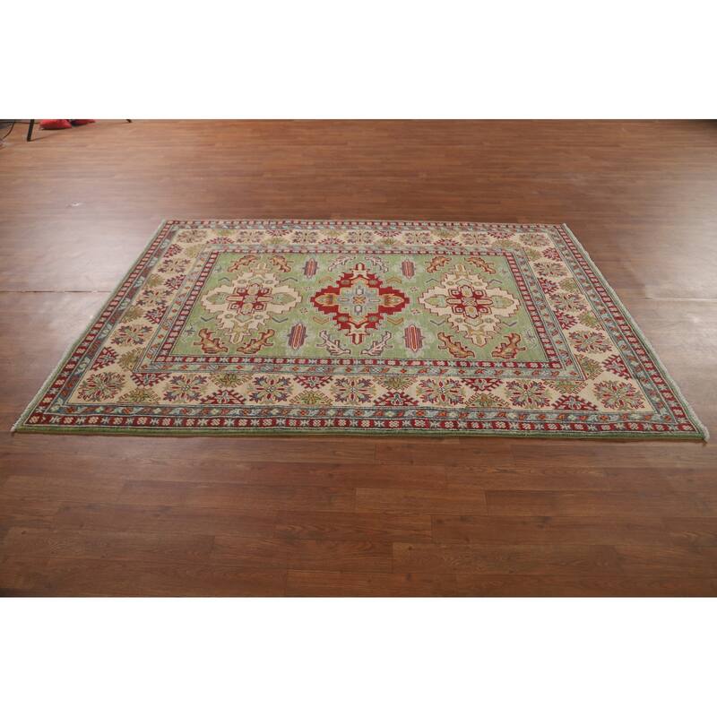 Light Green Geometric Kazak Area Rug Handmade Wool Carpet - 5'0" x 7'0"