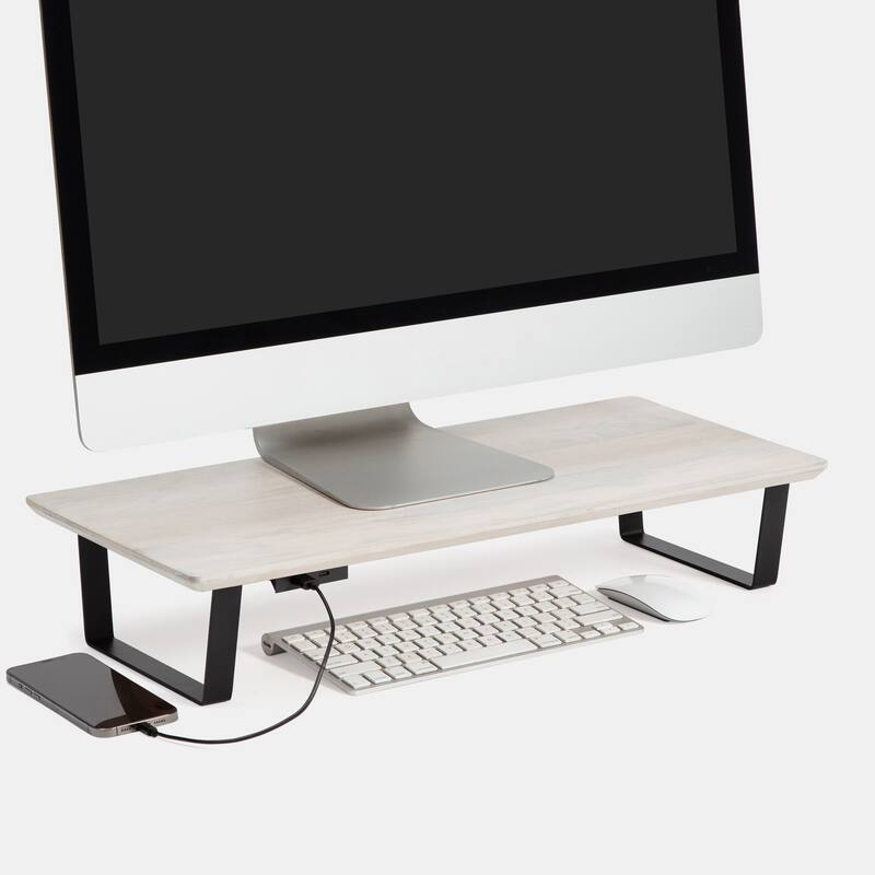 Jani Wood Monitor Stand Riser Desk - Ergonomic Design Stand, Desktop Organizer Table for Home, Office Workspace, Gaming Desk - Off-White