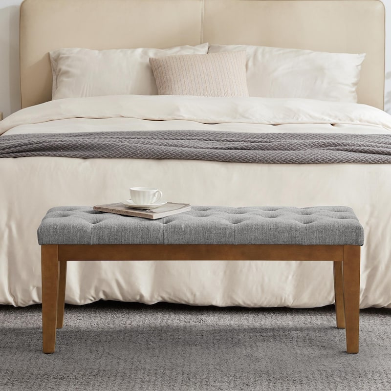 Button-Tufted Bench for End of Bed, Entryway Bench Beige/ Black/ Brown Solid Wood, Leather, Fabric 44-inch