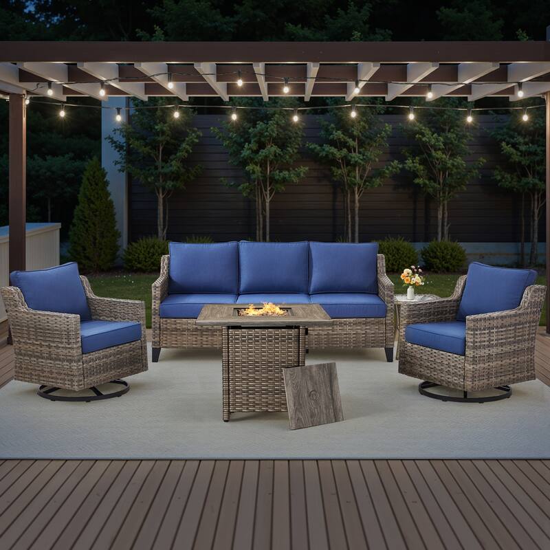 Pocassy Outdoor Swivel Chair with Sofa with Fire Pit Table - Blue Cushion Gray Wicker - 5-Piece Sofa Siwvel Chair w/ Fire Pit Table
