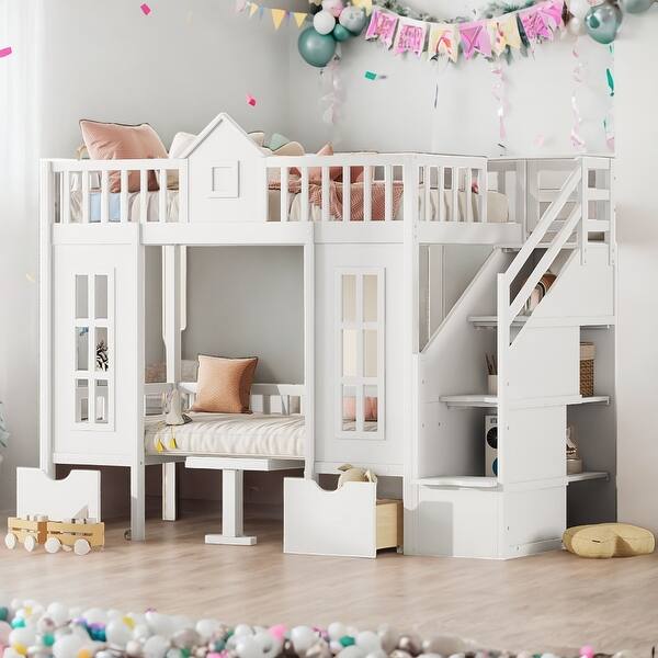 slide 2 of 12, White Twin Size Bunk Bed with Changeable Table, can Convert into a Table with 2 Seats White - Twin
