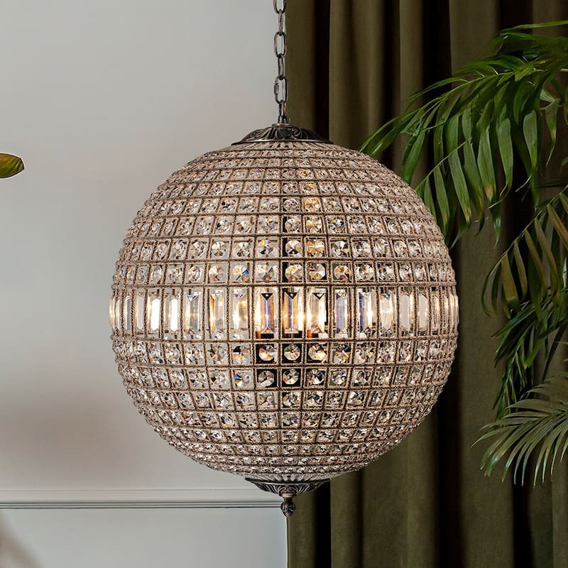 1/3/5-Light Vintage And Glam Antique Bronze Crystal Globe Chandelier Ornate Sphere Pendant Light - W25''