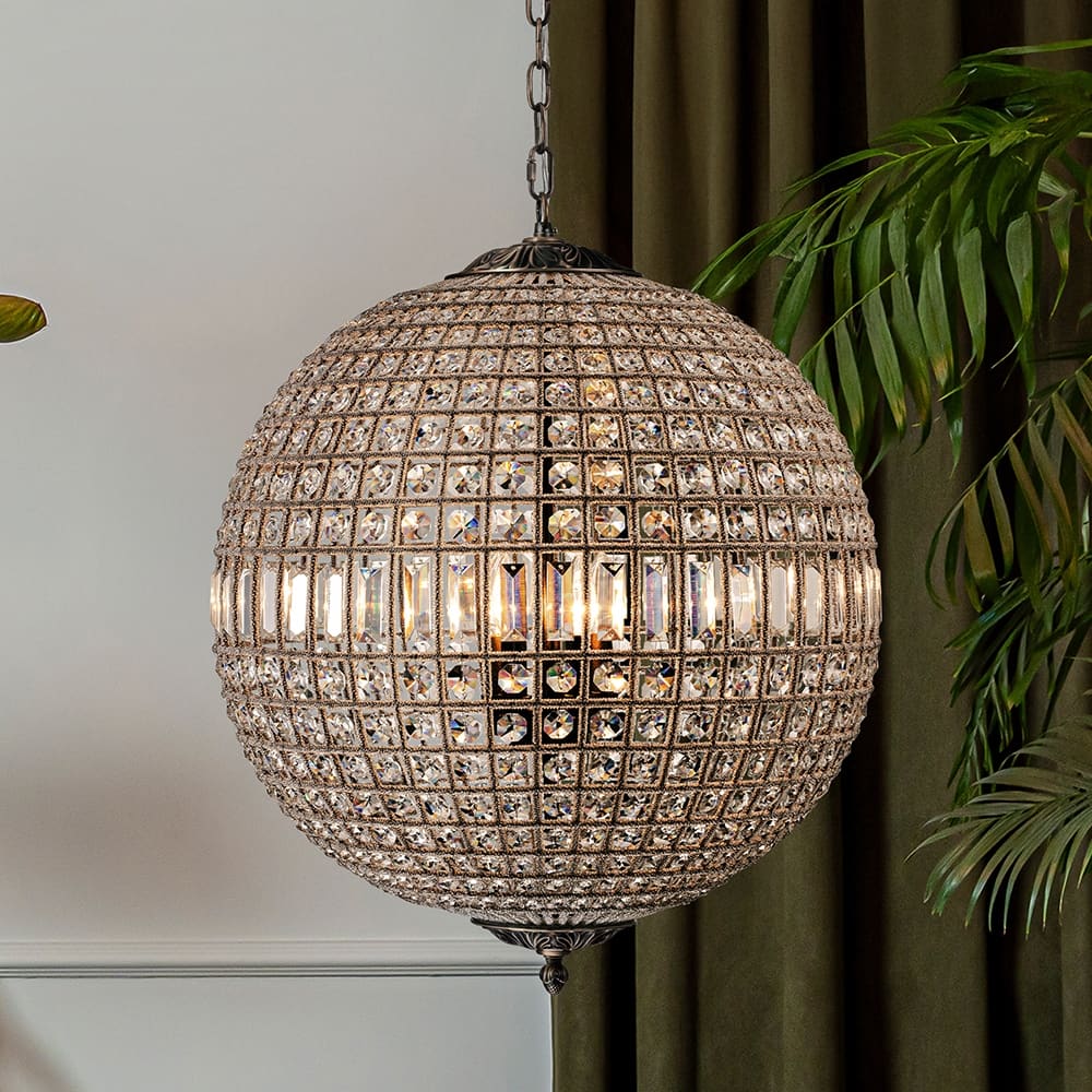 1/3/5-Light Vintage And Glam Antique Bronze Crystal Globe Chandelier Ornate Sphere Pendant Light