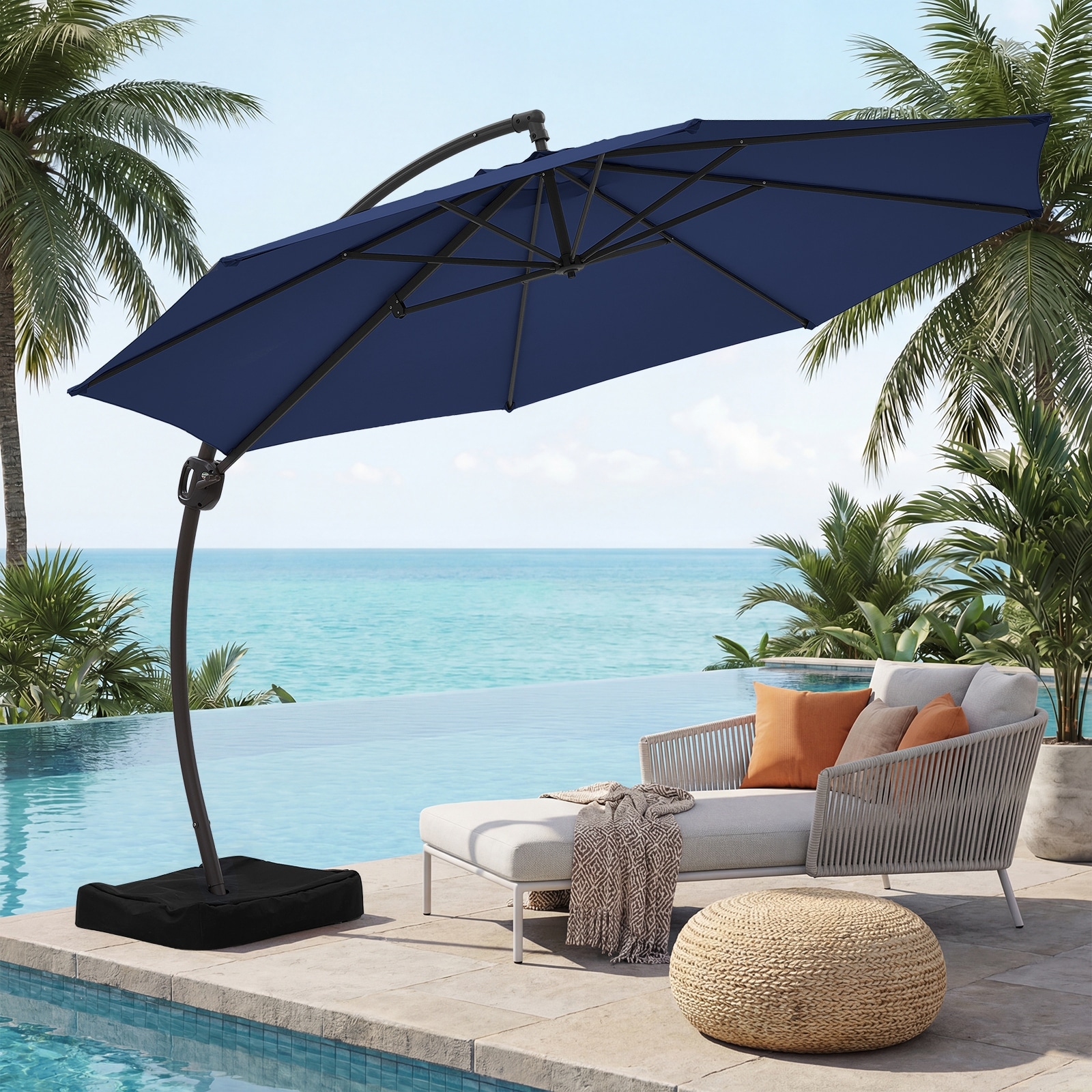 foot patio umbrellas for sale PURPLE LEAF Yard Tilting Table Umbrella Black Frame Outdoor Market with Base 5' X 8' / Turquoise Blue Perfect for summer barbecues Air Designer Patio Umbrellas - Color:Black/White - Black Aluminum Pole
