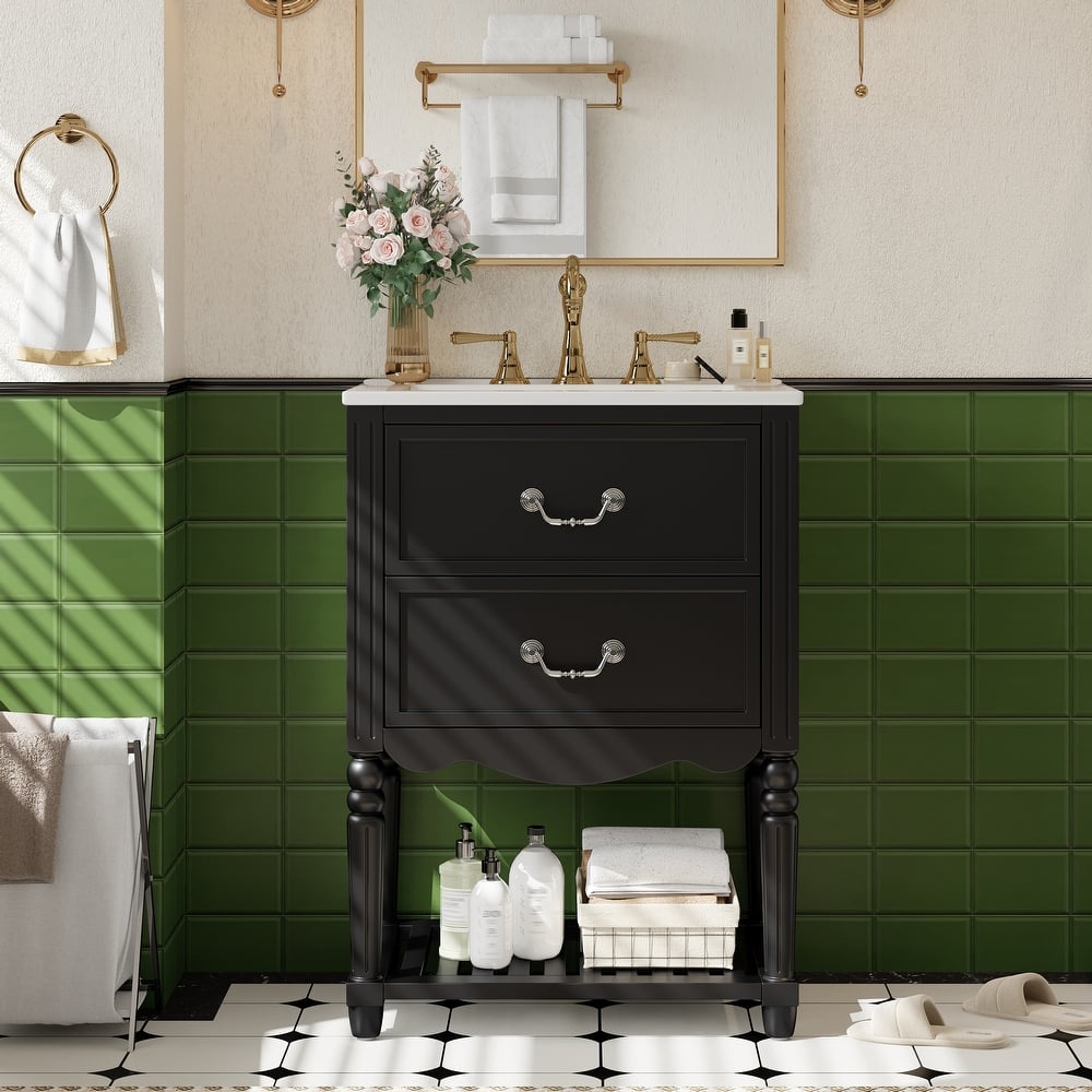 24" Bathroom Vanity with Ceramic Sink, Bathroom Cabinet with Two Drawers and an Open Shelf, Vintage Elegant Wave Design